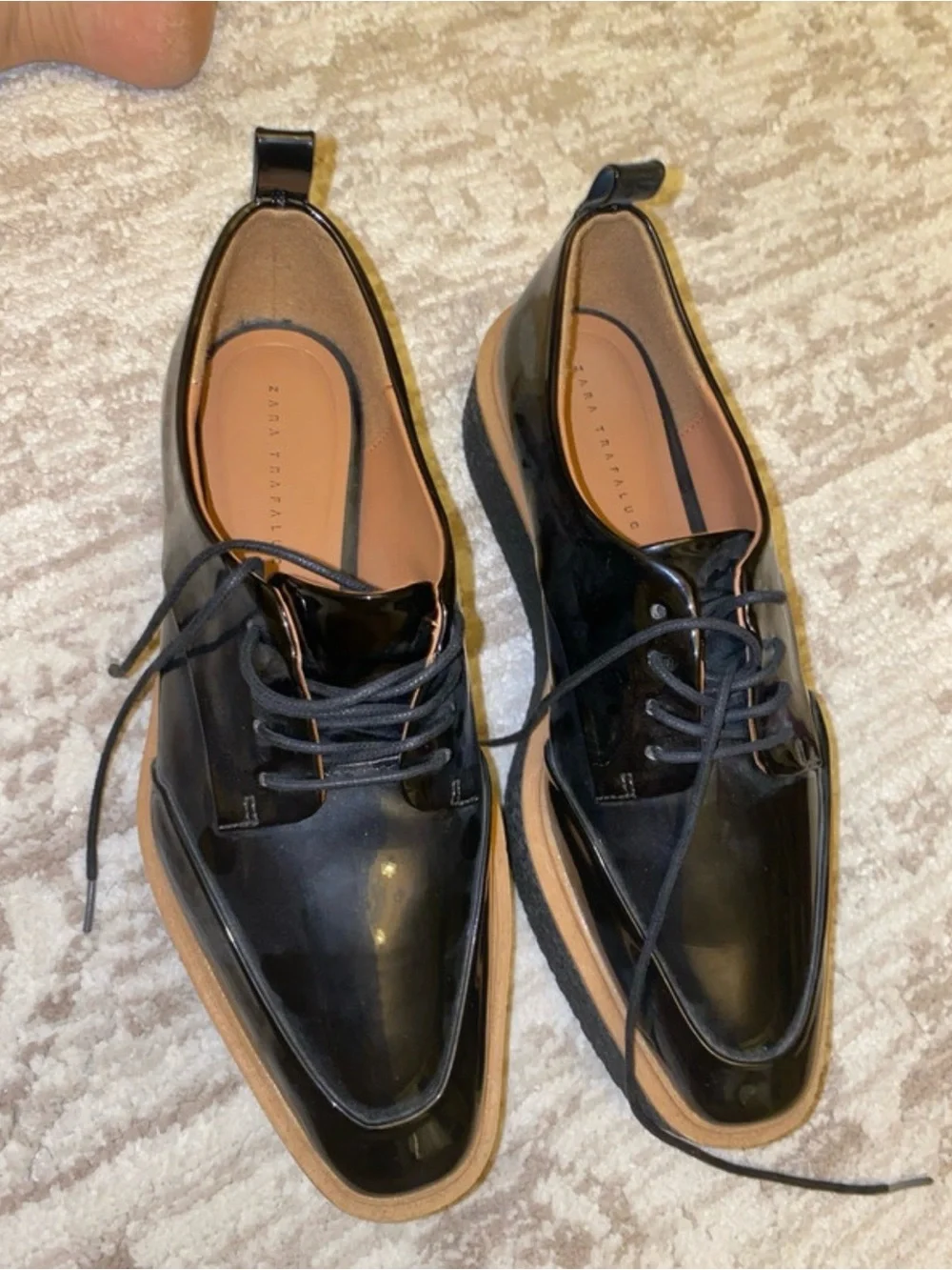 Zara Black Patent Platform Derby with Brown-Wrap Sole